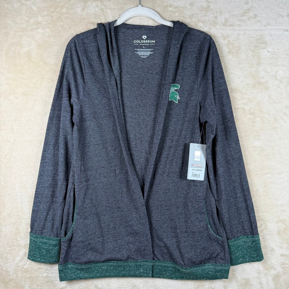 Colosseum Michigan State Spartans Women L Gray Green Hooded‎ Cardigan Athleisure